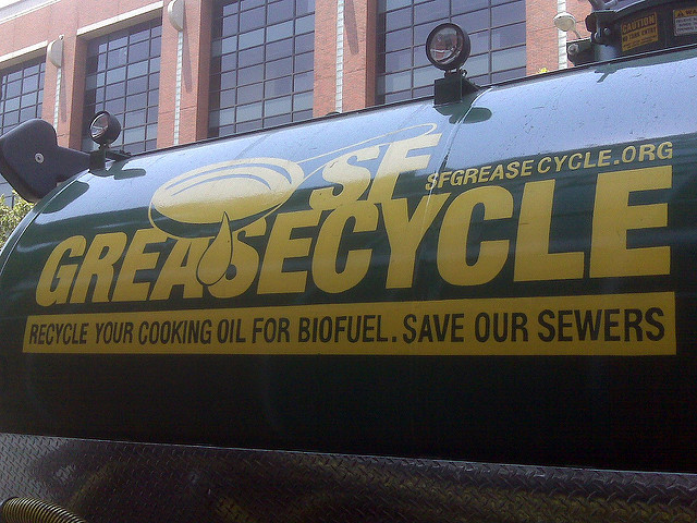recycling truck collects used grease for biodiesel