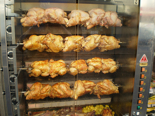Chickens in a rotisserie oven