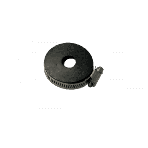 The 2" Flow Control for Air Gap Assembly, featuring a metal hose clamp with an attached circular black rubber gasket and central hole, is shown against a plain white background—ideal for self-cleaning grease trap systems.