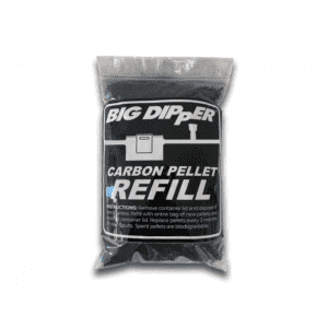 A sealed plastic bag labeled "Active Carbon Filter Refill" with white text and simple graphics contains replacement carbon pellets for automatic grease removal systems. Instructions are printed at the bottom of the label.