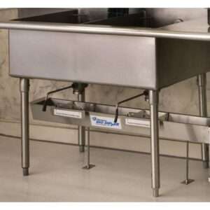 A stainless steel commercial sink with metal legs is installed above a 2" Horizontal Air Gap, positioned directly below the sink basin. The surrounding wall and floor are clean.