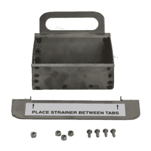 The Basket Assembly for Horizontal Air Gap is shown, featuring a metal strainer with handle, a labeled plate reading "PLACE STRAINER BETWEEN TABS," plus four bolts, nuts, and washers arranged on a white background.