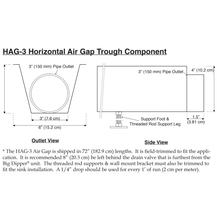 Technical diagram with front and side views of the Horizontal Air Gap, 3", ideal for use with self-cleaning grease traps. Diagram features labeled pipe outlets, support, dimensions, and includes text instructions plus installation notes below.