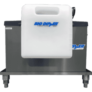 A stainless steel Support Frame Kit with a white plastic "Big Dipper" container is displayed on four short metal legs. The automatic grease removal container is attached to the machine's top front.