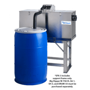 The Support Frame Kit, a stainless steel automatic grease removal unit with a black hose, sits above a blue 55-gallon drum. It features a control box and display. Drum and certain accessories are sold separately.