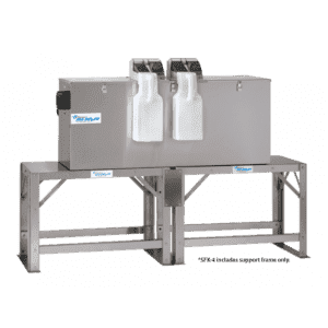 The Support Frame Kit includes a stainless steel frame supporting two white plastic containers with control panels. Labeled "SFK-4 includes support frame only." Ideal for automated chemical dispensing and use with oil and grease separators.