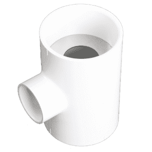The 35 GPM Vented Flow Control Assembly is a white PVC T-shaped fitting with a main vertical opening and a side outlet, designed for use with automatic oil and grease separators or self-cleaning grease trap systems.