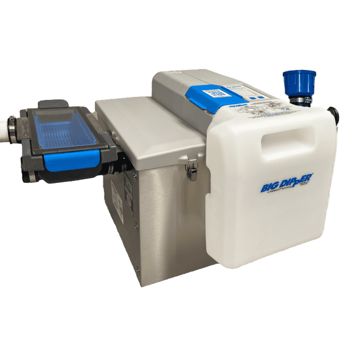 A rectangular metal automatic grease removal unit with a white removable container labeled "Big Dipper," a blue filter, and various ports and controls on the top and side.