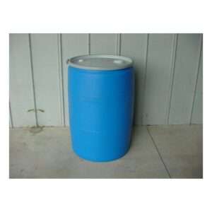 A large blue plastic barrel with a metal lid, often used for automatic grease removal, sits on a concrete floor in front of a gray paneled wall.