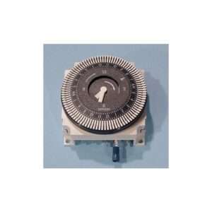 A mechanical timer switch with a circular dial marked 1 to 24, black and white segments, and a central rotating pointer—ideal for controlling an automatic oil and grease separator. Mounted on a white base with electrical terminals.