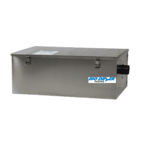 A rectangular stainless steel self-cleaning grease trap with a "Big Dipper Passive" label on the side, two latches on the front, and a black pipe outlet on the right. The unit is placed against a plain white background.