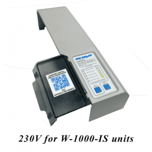 A stainless steel control panel labeled "Big Dipper" with buttons and indicator lights, alongside a black component with a QR code—part of an automatic oil and grease separator for 230V W-1000-IS units.