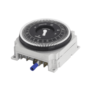 A mechanical timer switch with a circular dial displaying numbers 1 to 24, mounted on a white rectangular base with exposed metal terminals and a blue connector—ideal for controlling an automatic oil and grease separator.