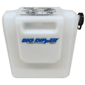 A white plastic container labeled "BIG DIPPER" with a black screw cap and molded handle, featuring printed instructions on the top surface—ideal for use with an automatic grease removal system.