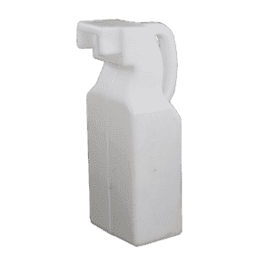 A white, rectangular plastic bottle with a handle and spout is shown at an angle on a plain white background, resembling the streamlined design of an automatic oil and grease separator.