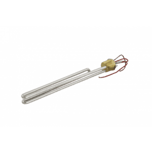 A metallic immersion water heater element with two U-shaped rods, a brass threaded base, and three wires for electrical connection, often used in systems like automatic oil and grease separators, isolated on a white background.