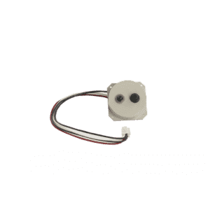 A small electronic component with a round white plastic casing, two protruding sensors, and three attached wires—red, black, and white—ending in a white connector, used in automatic oil and grease separator systems.
