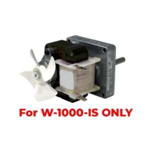 A metal electric motor with a white fan blade and coiled wiring is shown, designed for an automatic oil and grease separator. The text "For W-1000-IS ONLY" appears in bold red letters below the motor.