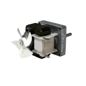 A small electric motor with a white plastic fan blade attached, exposed copper wiring, and a metal mounting bracket—commonly used in automatic grease removal or self-cleaning grease trap systems—photographed against a plain white background.