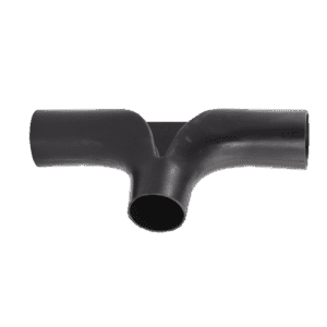 A black plastic Y-shaped pipe fitting with three openings, designed for connecting or splitting tubular pathways in self-cleaning grease trap systems. The fitting is shown against a plain white background.