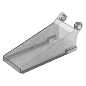 A transparent, angled plastic wedge with two circular holes at the narrow end and a flat base, likely serving as a component for assembly or support in automatic grease removal or self-cleaning grease trap systems.