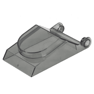 A transparent, gray plastic component with a sloped surface, two round hinge-like attachments at one end, and a raised, curved section in the middle—designed for use in automatic grease removal systems.