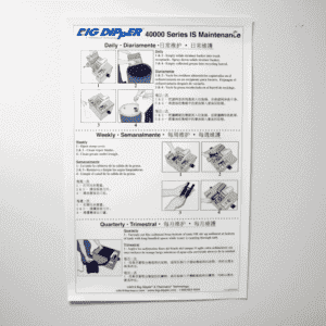 A maintenance instruction poster for the Big Dipper 40000 Series IS with text and diagrams in English, Spanish, and Chinese, detailing care steps for this automatic grease removal and self-cleaning grease trap on a white wall.