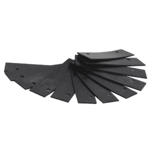 A set of black rectangular rubber strips with holes on one end, arranged in a fanned-out pattern on a white background, ideal for use in automatic grease removal or self-cleaning grease trap systems.
