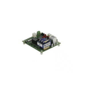 A green printed circuit board with various electronic components, including connectors, relays, and capacitors—ideal for use in self-cleaning grease trap or automatic oil and grease separator systems—is elevated by four white standoffs on a white background.