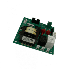A green printed circuit board featuring components like a transformer, relays, capacitors, connectors, and terminal blocks—often used in automatic oil and grease separator or self-cleaning grease trap systems—photographed on a plain white background.