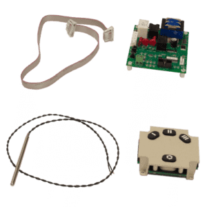 A green circuit board, a flat ribbon cable, a metal probe with a black wire, and a beige control pad with black buttons—key components for an automatic oil and grease separator—are arranged on a white background.