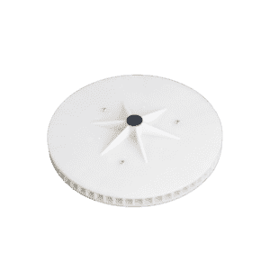 A white, circular plastic gear or mechanical component with a central hole and a star-shaped pattern on its surface, designed for use in automatic grease removal systems, lying flat against a plain white background.