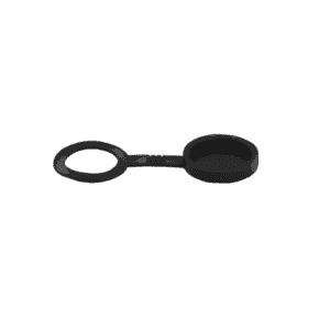 A black rubber or plastic dust cap with two circular sections connected by a short strip; one circle is solid and the other hollow, likely designed to protect ports on automatic oil and grease separator or self-cleaning grease trap units.