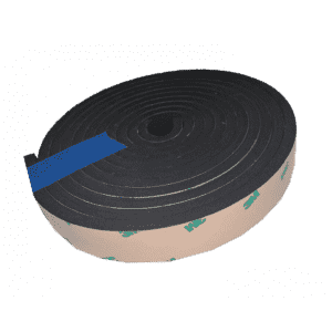 A roll of black adhesive foam tape with a blue strip securing the end. The tape, often used in self-cleaning grease trap installations, has a removable paper backing with a printed green “3M” logo. The background is plain white.