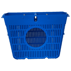 A blue plastic basket with vertical slits, a large circular opening in the center, and a solid rim at the top. Designed for use in an automatic oil and grease separator, it features two metal attachment points near the top edge.
