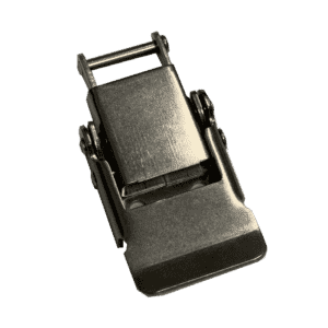 A close-up photo of a metallic cam buckle, commonly used for securing webbing or straps, is shown against a plain light background—ideal for industrial setups like self-cleaning grease trap systems.