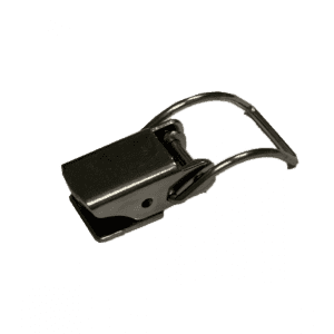 A close-up of a metal spring clip or latch, featuring a rectangular clasp and curved wire handle, photographed on a plain white background—ideal for components in automatic grease removal or self-cleaning grease trap systems.