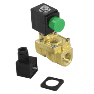 A brass solenoid valve with a black and green actuator, shown with a detached black connector and a rubber gasket, ideal for use in automatic grease removal or self-cleaning grease trap systems, against a white background.