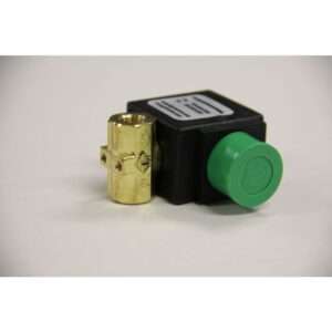 A brass and black plastic valve component with a large green push button, designed for use in an automatic oil and grease separator. The brass part features a threaded opening and engraved markings, set against a plain white background.