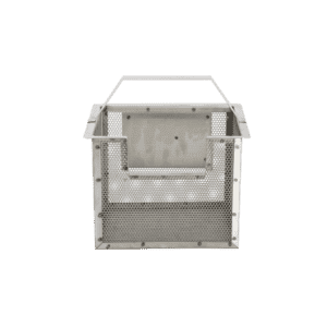 A rectangular metal mesh basket with a solid metal bottom, raised edges, and a single horizontal handle—designed for use in an automatic grease removal or self-cleaning grease trap—shown against a plain white background.
