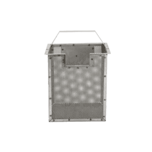 A rectangular metal mesh basket with a solid metal frame, featuring a perforated design on all sides, a horizontal plate near the top front, and a transparent lid—ideal for use in automatic oil and grease separator systems.