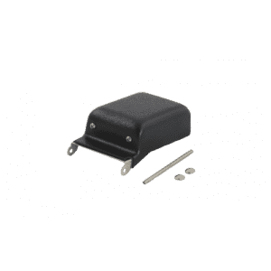 A black rectangular metal cover with two small mounting tabs, a thin metal rod, and two round metal pieces—components commonly used in an automatic grease removal system—are displayed on a white background.
