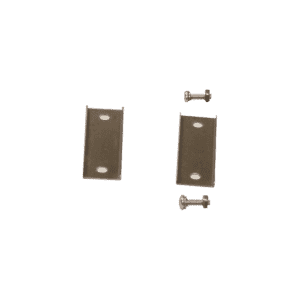 Two rectangular metal brackets with two holes each are placed side by side, accompanied by two small screws—ideal components for mounting an automatic grease removal or self-cleaning grease trap system.