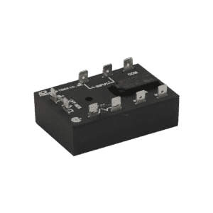 A black rectangular electrical relay module with six metal terminals on top, labeled for input, output, and common connections—ideal for use in automatic grease removal systems or self-cleaning grease trap applications. White printed text shows manufacturer and model details.