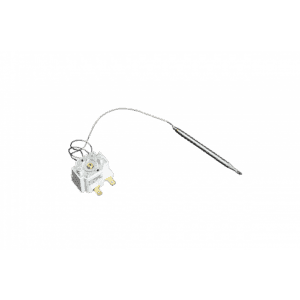 A metal thermostat sensor with a long, thin probe attached to a white rectangular base with gold-colored terminals, designed for temperature control in appliances like self-cleaning grease traps or automatic oil and grease separators.