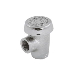 A metal pipe fitting with a threaded side opening and a flat, round, silver cap labeled "WILKINS" and "MODEL 34A," used for plumbing or pressure systems such as an automatic grease removal unit. The fitting is shown against a plain white background.