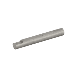 A cylindrical metal rod with a flat, notched end and a small hole near the edge, often used in automatic grease removal systems, placed on a plain light gray background.