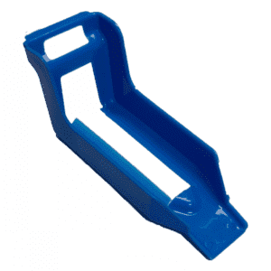 A blue plastic tool or holder with an open rectangular shape, raised sides, and a handle-like section at one end—ideal for use with an automatic grease removal system—photographed on a plain white background.